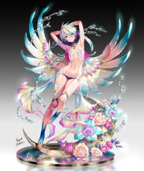 1girl crescent crescent_moon figure groin lowleg lowleg_panties midori_foo moon navel original panties short_hair smile tagme underwear water wind wings