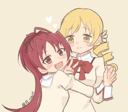 2girls blonde_hair bow bowtie ff_1126117 heart looking_at_another mahou_shoujo_madoka_magica mitakihara_school_uniform multiple_girls open_mouth ponytail red_bow red_bowtie red_eyes red_hair sakura_kyoko salute school_uniform tomoe_mami twintails twitter_username two-finger_salute