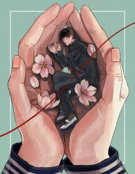1boy black_hair black_jacket black_pants blush bud closed_mouth commentary_request female_pov fingernails flower from_above gakuran glasses green_background half-closed_eyes hetero highres in_palm jacket looking_at_viewer lying male_focus mini_person miniboy on_side original out_of_frame own_hands_together pants pink_flower pov school_uniform shoes sirokomamaru size_difference solo_focus string string_of_fate uwabaki white_footwear