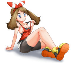 Rule 34 | 10s, 1girl, arm support, bike shorts, blue eyes, blush, breasts, brown hair, creatures (company), female focus, game freak, hair ribbon, looking at viewer, may (pokemon), may (pokemon oras), nintendo, nipples, no bra, ossannoa, pokemon, pokemon oras, ribbon, shirt, simple background, sitting, sleeveless, sleeveless shirt, solo, white background