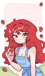 1girl blue_overalls breasts bush cleavage commentary english_commentary food fruit grid_background highres ikaeryss long_hair looking_at_viewer nail_polish original overalls red_eyes red_hair red_nails solo strapless strawberry tube_top
