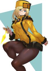 1girl alternate_hair_length alternate_hairstyle ashiomi_masato blonde_hair blue_eyes brown_pantyhose coat commentary_request fingerless_gloves gloves guilty_gear guilty_gear_xrd hat kunai long_sleeves millia_rage pantyhose short_hair solo weapon white_gloves yellow_coat yellow_hat