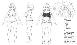 1girl absurdres ahoge animal_hood bra bra_visible_through_clothes breasts character_name character_profile cleavage closed_eyes collarbone commentary english_commentary english_text full_body gluteal_fold hair_between_eyes highleg highleg_panties highres hood insomnia-chan jacket kay_yu large_breasts medium_hair micro_shorts multiple_views navel original panties reference_sheet shorts simple_background smile solo standing string_panties underwear white_background