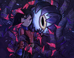 1boy armor belt black_eyes black_hair black_shirt blue_eyes blush closed_mouth commentary dharkon frown gloves holding holding_weapon horns jacket long_hair long_sleeves looking_at_viewer male_focus mii_(nintendo) mii_brawler mii_brawler_(smash_ultimate) monster nintendo nyo02921978 red_jacket shirt short_hair solo super_smash_bros. sword v-shaped_eyebrows weapon white_background