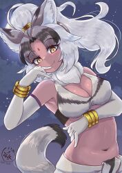 1girl animal_ear_fluff animal_ears armpits bare_shoulders bindi black_hair breasts cleavage closed_mouth dark-skinned_female dark_skin elbow_gloves fang fang_out finger_to_mouth forked_eyebrows fur_collar gloves grey_hair hair_rings high_ponytail highres indian_wolf_(kemono_friends) kemono_friends large_breasts leaning_to_the_side light_blush long_hair looking_at_viewer moon multicolored_hair navel night night_sky outdoors parted_bangs ponytail sarong sky smile solo star_(sky) starry_sky stomach tail tsuppushi wolf_ears wolf_girl wolf_tail wrist_wings yellow_eyes