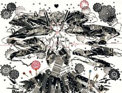 Rule 34 | 1girl, abstract, asagi kino, collared shirt, commentary request, cowboy shot, detached sleeves, expressionless, floating hair, greyscale, hair between eyes, hands up, hatsune miku, headset, heart, highres, long hair, looking at viewer, masking tape (medium), mixed media, monochrome, necktie, nisoku hokou (vocaloid), safety pin, sewing pin, shirt, skirt, sleeveless, sleeveless shirt, sleeves past wrists, solo, spot color, straight-on, traditional media, twintails, unconventional media, very long hair, vocaloid, white background
