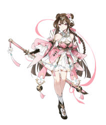 Rule 34 | 463 jun, absurdres, bare shoulders, breasts, character request, chinese commentary, cleavage, commentary request, double bun, dress, epic seven, full body, hair bun, highres, holding, holding behind back, holding sword, holding sword behind back, holding weapon, holding weapon behind back, long hair, pink eyes, simple background, smile, sword, weapon, white background