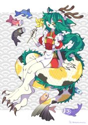 1girl apron aqua_hair atann_nnata china_dress chinese_clothes claws commentary dated dragon dragon_horns dragon_tail dress full_body furry hair_ornament highres horns kodomo_no_hi koi long_hair looking_at_viewer maid maid_headdress open_mouth original paper_hat paper_kabuto pinwheel puffy_short_sleeves puffy_sleeves red_dress seigaiha short_sleeves solo tail tassel white_apron