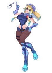 1girl :p artist_request belt belt_pouch black_belt blonde_hair blue_eyes blue_hair breasts ceru_foxhound covered_navel cuffs cyborg facial_mark grey_hat handcuffs hat highres large_breasts long_hair mechanical_hands mechanical_legs multicolored_hair official_art pantyhose police police_uniform policewoman pouch solo star_(symbol) star_in_eye streaked_hair symbol_in_eye tongue tongue_out vallure