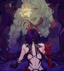 Rule 34 | 2girls, ahoge, armor, back, bare back, bare shoulders, black gloves, blue eyes, braid, clenched hand, commentary, couple, english commentary, floating, floating hair, from behind, gloves, glowing, glowing eye, hair between eyes, hair floating upwards, hair over shoulder, hand up, hashtag-only commentary, heterochromia, honkai (series), honkai impact 3rd, horns, kiana kaslana, kiana kaslana (void drifter), loeire, long hair, looking at viewer, multiple girls, open mouth, orange eyes, purple hair, puzzle, puzzle piece, raiden mei, raiden mei (herrscher of thunder), red horns, shoulder armor, twin braids, twitter username, white gloves, white hair, yuri