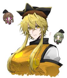 3girls alternate_hairstyle blonde_hair brown_hair closed_mouth detached_sleeves dress expressionless green_dress green_eyes green_hair hair_between_eyes hat highres long_sidelocks looking_at_viewer matara_okina multiple_girls nap_muntarou nishida_satono open_mouth pink_dress purple_eyes shirt sidelocks teireida_mai touhou upper_body white_background white_shirt yellow_eyes yellow_tabard