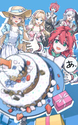 5girls absurdres alternate_costume bare_shoulders black_dress blonde_hair blue_background blue_eyes blue_jacket box cake carlotta_(wuthering_waves) cartethyia_(wuthering_waves) ciaccona_(wuthering_waves) commentary covering_own_mouth cup danjin_(wuthering_waves) dress english_commentary flower food gift gift_box green_eyes hair_flower hair_intakes hair_ornament hat highres holding holding_cup jacket long_hair motion_blur multiple_girls official_alternate_costume open_mouth parted_bangs phoebe_(wuthering_waves) pink_dress pink_hat purple_eyes red_hair ryeon_(naturesan) short_hair tacet_mark_(wuthering_waves) translation_request tree_horns white_dress wuthering_waves yellow_hat
