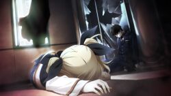 1boy 1girl arimura_hinae black_hair black_jacket black_necktie black_ribbon bleeding blonde_hair blood blood_drip blood_in_hair blood_on_chest blood_on_clothes blood_on_face bow broken_glass chaos;child collarbone corpse facing_down game_cg glass hair_bow hair_ribbon hands_on_floor highres hood indoors injury jacket long_hair long_sleeves multiple_hair_bows necktie non-web_source official_art police ribbon sasaki_mutsumi shirt short_hair socks twintails white_sleeves white_socks