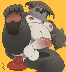 1boy anal animal_ears anus artist_logo ass bara bare_pectorals bell belly biceps black_fur bracelet claws commentary dildo english_commentary erection fangs fangs_out fat furry furry_male highres jewelry jingle_bell logo looking_at_viewer male_focus multicolored_fur navel nipples pan_yinhu panda_boy panda_ears parted_lips pawpads pectoral_cleavage pectorals penis plump precum ragnadope round_eyewear sex_toy smile spiked_bracelet spikes spread_anus spreading_own_ass suggestive_fluid testicles white_fur wok yaoi yellow_background zenless_zone_zero