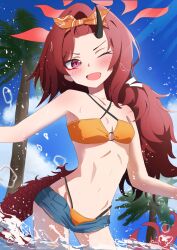 Rule 34 | 1girl, bangs pinned back, bare arms, bare shoulders, bikini, blue archive, blush, denim, denim shorts, dragon horns, dragon tail, fang, highres, horns, looking at viewer, low ponytail, navel, official alternate costume, one eye closed, open mouth, ponytail, red eyes, red hair, renge (blue archive), renge (swimsuit) (blue archive), short shorts, shorts, single horn, skin fang, solo, stomach, swimsuit, tail, tsushima (mdwy4255), yellow bikini
