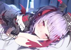 1girl apron bed black_tail black_wings blood blush commission demon_girl demon_tail demon_wings dress fang frills hair_ornament hairclip hat head_wings heart heart_hair_ornament highres indie_virtual_youtuber long_hair looking_at_viewer lying nen_0405 nurse_cap on_bed pink_eyes pointy_ears purple_hair red_wings ribbon short_sleeves skeb_commission skin_fang solo tail twitter_username urusimi_kokoro white_apron wings