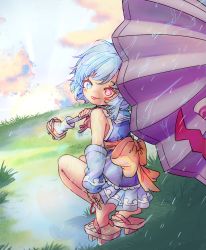 1girl absurdres ahoge anklet aqua_hair arm_warmers bare_legs bare_shoulders barefoot blue_eyes blue_hair blue_skirt blush brown_footwear chaosexceed cloud cloudy_sky dot_nose female_focus from_behind geta grass heterochromia highres holding holding_umbrella jewelry karakasa_obake no_socks rain red_eyes ribbon sandals sash school_uniform serafuku short_hair sitting skirt sky smile soaked soaking_feet soles solo squatting tabi tatara_kogasa tiptoes toes tongue tongue_out touhou umbrella wet wet_clothes