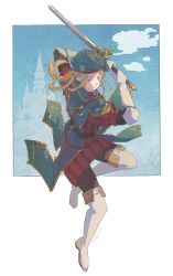 1boy absurdres blonde_hair blue_background blue_eyes castle elf full_body gensou_getsumen_rt highres holding holding_sword holding_weapon link long_hair nintendo pointy_ears solo sword the_legend_of_zelda the_legend_of_zelda:_breath_of_the_wild weapon