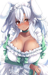 1girl alternate_costume animal_ears apron blush breasts brown_eyes choker cleavage dark-skinned_female dark_skin dated dress enmaided fake_animal_ears frills glasses green_choker green_dress grey_hair hair_between_eyes highres huge_breasts kantai_collection large_breasts long_hair looking_at_viewer maid maid_apron maid_headdress mashiro_yukiya musashi_(kancolle) musashi_kai_ni_(kancolle) rabbit_ears rectangular_eyewear red_eyes semi-rimless_eyewear signature solo upper_body white_apron