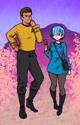 1boy 1girl akairiot black_pants blue_hair blue_shirt boots brown_hair commentary cosplay crossover height_difference highres james_tiberius_kirk long_sleeves military military_uniform pants pantyhose re:zero_kara_hajimeru_isekai_seikatsu rem_(re:zero) shirt short_hair star_trek star_trek:_the_original_series starfleet_uniform yellow_shirt