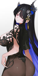 1girl absurdres ai-generated_art_(topic) alternate_costume ass asymmetrical_horns black_bodysuit black_hair blue_hair blush bodysuit breasts cho_913 chronopattern_dress closed_mouth colored_inner_hair commentary demon_horns flower from_behind highres hololive hololive_english horn_flower horns large_breasts long_hair looking_at_viewer looking_back meme_attire mole mole_under_eye multicolored_hair nerissa_ravencroft red_eyes revision see-through_bodysuit see-through_clothes simple_background smile solo uneven_horns very_long_hair virtual_youtuber white_background