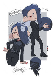 1girl arched_back arm_support ass belt black_belt black_bodysuit black_gloves black_pantyhose blue_hair blue_helmet bodysuit boots breasts cephalopod_eyes chibi chibi_inset collared_bodysuit color_guide colored_extremities commentary_request contrapposto coula_cat cropped_legs dot_nose earrings elbow_pads fangs flying from_behind full_body gloves grin hair_over_one_eye half-closed_eyes hand_on_own_hip head_tilt helmet high_collar highres holding holding_helmet jacket jewelry knee_pads large_ears leaning_back leather leather_boots leather_gloves leather_jacket long_hair long_sleeves looking_at_viewer looking_back motorcycle_helmet multiple_earrings nintendo orange_eyes orange_shirt pantyhose parted_lips pointy_ears shirt shiver_(splatoon) shoulder_pads small_breasts smile solo speech_bubble splatoon_(series) splatoon_3 suction_cups tentacle_hair three_quarter_view tooth_earrings torn_bodysuit torn_clothes torn_pantyhose translation_request zipper zipper_pull_tab