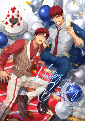2boys balloon blue_coat brown_sweater_vest cake character_name coat collared_shirt confetti cup donut drinking_glass dual_persona english_text food foot_out_of_frame grin happy_birthday highres holding holding_cup kagami_taiga kuroko_no_basuke male_focus multiple_boys necktie open_mouth red_necktie red_shirt shirt smile strawberry_cake sweater_vest sweets teeth white_shirt zawar379
