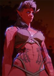 1girl abs baldur&#039;s_gate baldur&#039;s_gate_3 black_bra black_hair black_panties bra breasts broken_horn colored_skin demon_girl demon_horns dungeons_&amp;_dragons dungeons_&amp;_dragons from_below glowing glowing_eyes highres horns karlach lingerie medium_breasts morbird_art muscular muscular_female panties pointy_ears purple_eyes red_skin smile solo tiefling underwear