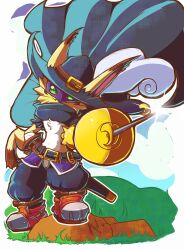 absurdres black_hat black_pants body_fur boots brown_boots cat digimon digimon_(creature) eye_mask fang full_body glint green_eyes hand_on_own_hip hat hat_feather highres holding holding_sword holding_weapon nyabootmon pants purple_mask standing sword weapon yellow_fur youwantstars
