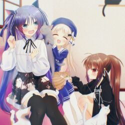 Rule 34 | 3girls, :d, ^ ^, ahoge, alternate costume, animal, animal on lap, animal on shoulder, animal print, bat hair ornament, bell, beret, black hoodie, black ribbon, black skirt, black thighhighs, blue dress, blue eyes, blue headwear, blush, bow, brown cat, brown hair, casual, cat, cat on lap, cat on shoulder, cat print, character print, clenched hands, closed eyes, collared shirt, commentary, crescent, crescent hair ornament, doruji, dress, eyes visible through hair, fang, feet out of frame, frilled ribbon, frills, garter straps, grey hair, hair bell, hair bow, hair ornament, hair ribbon, hands up, happy, hat, high-waist skirt, highres, hood, hood down, hoodie, indoors, jingle bell, little busters!, long hair, long sleeves, looking at animal, multiple girls, natsume rin, natsuoto rito, neck ribbon, noumi kudryavka, on lap, open mouth, parted bangs, petting, ponytail, purple hair, red eyes, ribbon, sasasegawa sasami, shirt, short dress, sidelocks, sitting, skirt, sleeves past wrists, smile, squatting, star (symbol), star print, straight hair, thighhighs, tsurime, two side up, very long hair, white bow, white ribbon, white shirt, zettai ryouiki
