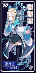 1girl absurdres animal_ear_headphones animal_ears black_bow black_skirt black_thighhighs blonde_hair blue_archive blue_coat blue_halo blue_headphones blue_necktie blush bow cat_ear_headphones coat collared_shirt commentary_request cosplay dress_shirt fake_animal_ears full_body gakuen_idolmaster hair_ornament hairpin halo headphones highres hood hood_down idolmaster long_hair looking_at_viewer midori_(blue_archive) midori_(blue_archive)_(cosplay) multiple_expressions necktie open_clothes open_coat orange_eyes outstretched_arm pleated_skirt reaching reaching_towards_viewer school_emblem shinosawa_hiro shirt sidelocks skirt solo standing swept_bangs thighhighs vtitalianlion46 white_coat white_shirt