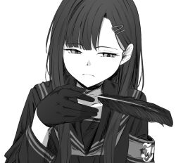 1girl armband blue_archive closed_mouth commentary_request feathers gloves greyscale hair_ornament hairclip hand_up hoffun holding holding_feather ichika_(blue_archive) long_hair long_sleeves looking_at_object monochrome neckerchief school_uniform shirt simple_background solo swept_bangs white_background