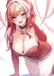 1girl :d absurdres bare_shoulders bell black_collar blush breasts cleavage collar collarbone dress earrings elbow_gloves fur-trimmed_dress fur-trimmed_gloves fur-trimmed_headwear fur_trim gloves hair_between_eyes hair_intakes hair_ornament hair_over_shoulder hairclip hand_to_head hanging_breasts hat highres holika_baby hololive hololive_dev_is ichijou_ririka jewelry kneeling large_breasts leaning_forward long_hair looking_at_viewer neck_bell open_mouth orange_eyes orange_hair red_footwear red_gloves red_hat santa_costume santa_dress santa_hat smile solo strapless strapless_dress stud_earrings teeth thighs upper_teeth_only virtual_youtuber