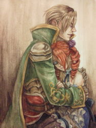 1boy 1girl amy_sorel bare_shoulders blonde_hair drill_hair eyeshadow flower hair_flower hair_ornament hetero hug makeup morito_leaf9 raphael_sorel red_hair soul_calibur soulcalibur_iii twintails