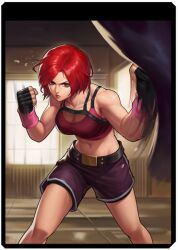 1girl boxer breasts curvy female_focus fingerless_gloves gloves gym huge_breasts indoors large_breasts pale_skin red_eyes red_hair see-through_clothes shirt short_hair shorts snk tank_top the_king_of_fighters thighs toned toned_female underwear vanessa_(kof) wet