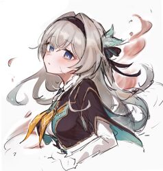 1girl :o black_hairband black_jacket blue_pupils blush cropped_jacket crying crying_with_eyes_open enunu_7e fire firefly_(honkai:_star_rail) gradient_eyes gradient_hair grey_hair hair_between_eyes hair_intakes hair_ornament hair_ribbon hairband highres honkai:_star_rail honkai_(series) jacket long_sleeves multicolored_eyes multicolored_hair neckerchief open_mouth orange_neckerchief ribbon scar scar_on_face simple_background solo tears two-tone_eyes upper_body white_background white_sleeves
