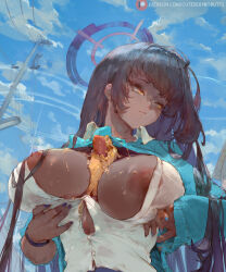 Rule 34 | 1girl, between breasts, black hair, blue archive, blue sky, blue sweater, breasts, corn dog, cutesexyrobutts, dark-skinned female, dark skin, halo, highres, karin (blue archive), karin (school uniform) (blue archive), large breasts, long hair, long sleeves, looking at viewer, nail polish, nipples, shirt, sky, solo, sweater, white shirt, yellow eyes