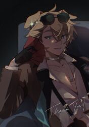 1boy absurdres animal_ears arknights arm_strap black_gloves blonde_hair blue_eyes brown_jacket brown_pants card chair choker collarbone collared_shirt dog_boy dog_ears dog_tags english_text eyewear_on_head gloves gold_trim gradient_background hair_between_eyes highres holding holding_card jacket jewelry lopi male_focus necklace on_chair open_clothes open_jacket open_shirt pants red_card shirt sitting smile solo sparkle sunglasses suspenders teeth tequila_(arknights) tequila_(cardwinner)_(arknights) thick_eyebrows tinted_eyewear