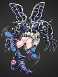1girl absorption ass blue_footwear boots claws dark_magician_girl duel_monster eating grey_background hat unworn_hat unworn_headwear highres lamb8chop panties relinquished saliva underwear vore white_panties yu-gi-oh!