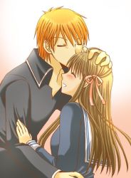 1boy 1girl blazer brown_hair couple fruits_basket hair_ribbon hetero honda_tooru kiss long_hair orange_hair school_uniform serafuku sohma_kyou