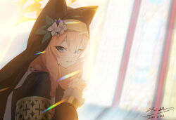 1girl absurdres animal_ear_headwear animal_ears black_dress black_veil blue_archive blue_eyes blush closed_mouth dress fake_animal_ears flower hair_between_eyes hair_flower hair_ornament hayate_(1034853996) highres long_hair looking_at_viewer mari_(blue_archive) nun orange_hair own_hands_clasped own_hands_together sidelocks smile solo upper_body veil white_flower