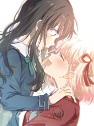 2girls :d absurdres black_hair blonde_hair blue_dress blush bow bowtie chisato_carrying_takina_(lycoris_recoil) closed_eyes commentary_request dress green_bow green_bowtie grey_dress hair_ribbon highres inoue_takina lifting_person long_hair looking_at_another lycoris_recoil lycoris_uniform multiple_girls nishikigi_chisato open_mouth red_dress red_ribbon ribbon rococomm123 school_uniform short_hair smile two-tone_dress white_background yuri