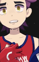 1boy black_background clenched_teeth clutching_chest collarbone commentary_request gloves hand_up highres jacket kieran_(pokemon) male_focus mole mole_on_neck nakikot_t nintendo off_shoulder partially_fingerless_gloves pokemon pokemon_sv purple_hair red_gloves red_shirt shirt sleeveless sleeveless_shirt solo sweatdrop teeth upper_body yellow_eyes