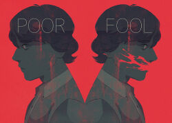 1boy blood blood_on_face brianne_neumann_(ghostbri) buttons closed_mouth collared_shirt commentary english_commentary english_text eric_(kyokugen_dasshutsu) from_side kyokugen_dasshutsu male_focus multiple_views portrait red_background red_eyes shirt short_hair simple_background third-party_source zero_escape:_toki_no_dilemma