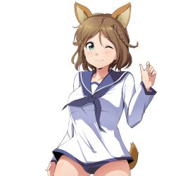 Rule 34 | 1girl, ;), animal ears, barkhorn0331, blue neckerchief, blue sailor collar, blush, braid, brown hair, cinderella series, closed mouth, cosplay, cowboy shot, dog ear hairband, dog ears, dog tail, fake animal ears, green eyes, hachigatsu no cinderella nine, hand up, highres, kakehashi momoko, long sleeves, looking at viewer, miyafuji yoshika, miyafuji yoshika (cosplay), neckerchief, one eye closed, sailor collar, school swimsuit, shirt, short hair, side braid, simple background, single braid, smile, solo, standing, swimsuit, swimsuit under clothes, tail, white background, white shirt