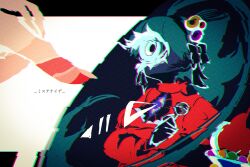 1girl aqua_hair ascot basket bow candy commentary contrast distortion dress eye_print fingernails food hair_bow hair_ribbon hatsune_miku holding holding_basket lollipop long_hair one-eyed papurika pointing pointing_at_another ponytail psi_(vocaloid) red_dress ribbon solo upper_body very_big_eyes very_long_hair vocaloid