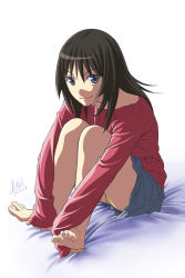 1girl barefoot blue_eyes brown_hair feet female_focus hands_on_feet long_sleeves mcq original sitting sleeves_past_wrists smile solo sweater