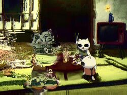animal black_eyes blurry brother_and_sister cat chabudai_(table) chibi chibi_only chopsticks dinner distortion family furry highres holding holding_chopsticks indoors natae_(niteeee9314) nekojiru_udon night no_humans nyako_(nekojiru) nyatta siblings surreal suspenders table tatami television warped