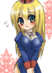 1girl 2000s_(style) biretta blonde_hair blue_dress blue_eyes blush breasts breasts_squeezed_together brown_hat commentary_request cowboy_shot cross cross_necklace dress feliciel flying_sweatdrops grey_eyes hat jewelry juliet_sleeves large_breasts long_hair long_sleeves looking_at_viewer lowres necklace open_mouth priest_(ragnarok_online) puffy_sleeves ragnarok_online solo