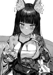 1girl 1other animal_ear_fluff animal_ears blush breasts bruise_on_shoulder bruised_chest cleavage closed_mouth collarbone commentary_request fingerless_gloves fox_ears fox_girl gloves heart highres holding_bandaid hoshimi_miyabi jacket kojima_saya large_breasts long_hair monochrome necktie sarashi sitting skirt zenless_zone_zero